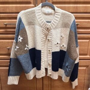 Luna Floral Patchwork Knit Cardigan in Cream & Blue